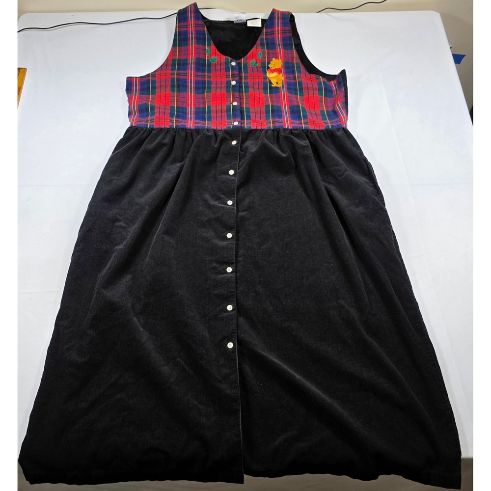 Vtg Disney Winnie the Pooh Plaid Corduroy Jumper Dress XXL 90s Christmas Holiday - Picture 2 of 13